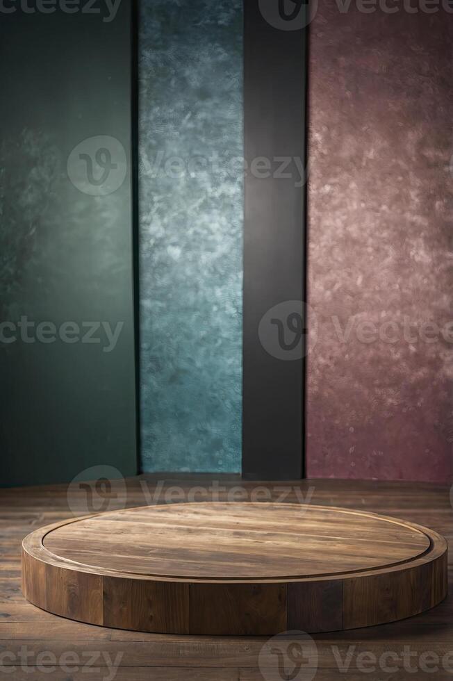 Stylish Wooden Product Display Platform with Textured Colorful Background Backdrop photo
