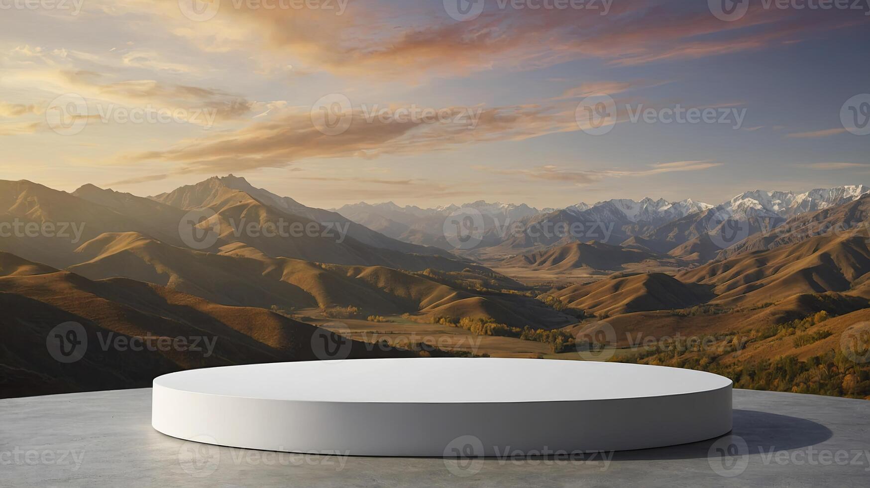 White Podium Platform with Mountain View Background at Sunset Time photo