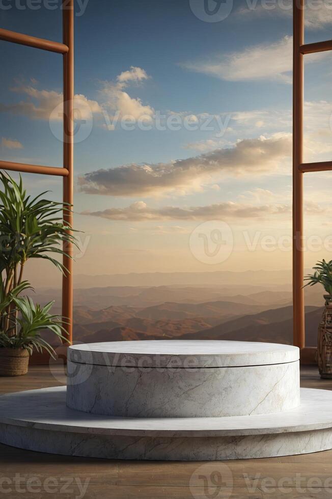 Display Podium Showcase with Mountain Views and Natural Light for Products photo