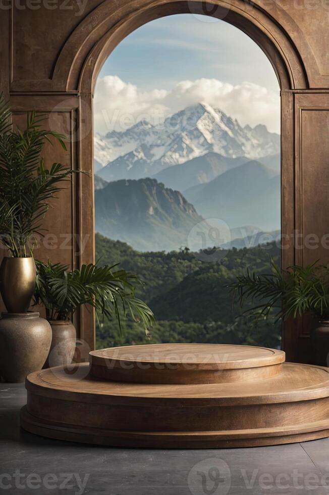Wooden Product Display Stage with Mountain View and Interior Setting photo