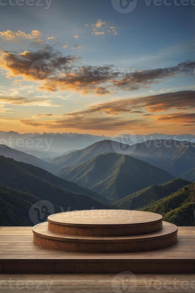 Wooden Podium Overlooking Mountain Range with Dramatic Clouds at Sunset photo
