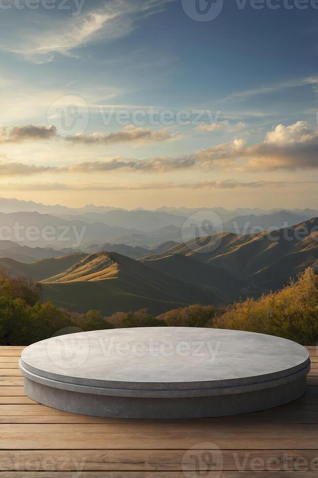 Platform for Product Display with Mountain View at Sunset Scenery photo