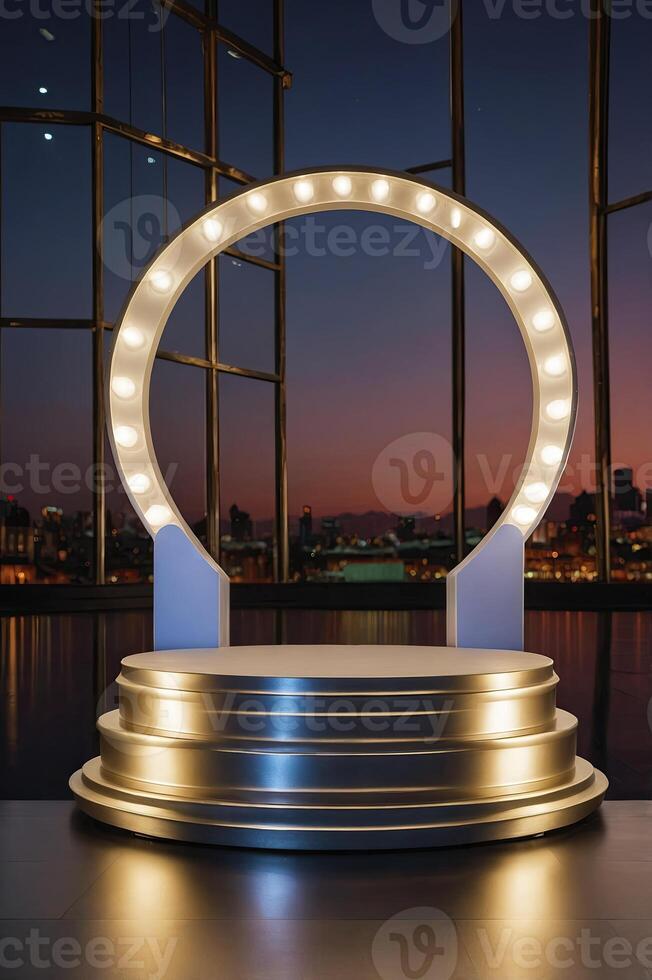 Presenting Product Display on Stage with City Night Skyline Backdrop photo