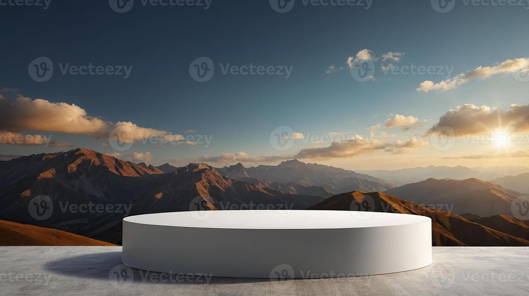 White Podium on Concrete with Mountain Landscape Background During Sunset photo