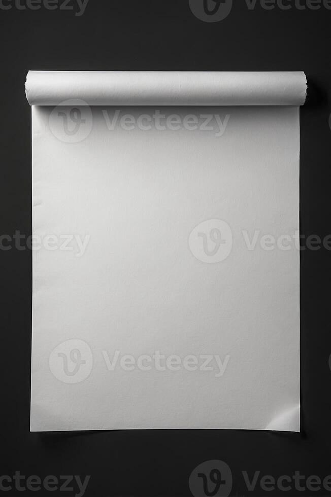 Rolled White Paper on Black Background Mockup Template for Presentation photo