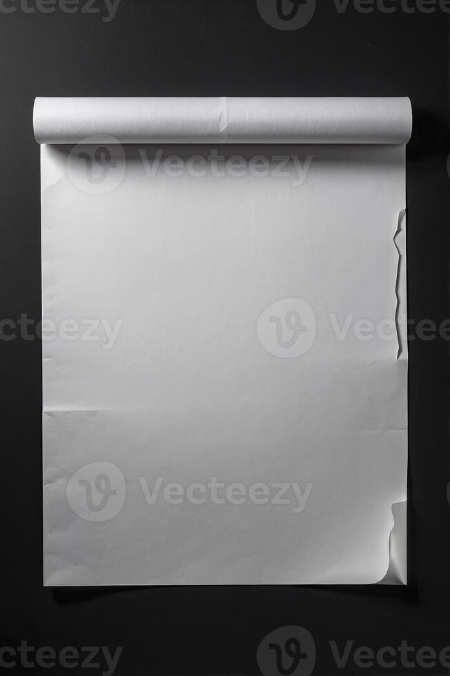 Blank Paper Roll Mockup on Black Wall Background for Presentation photo