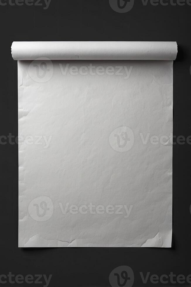 Blank White Paper Scroll on Dark Wall for Mockup or Presentation photo