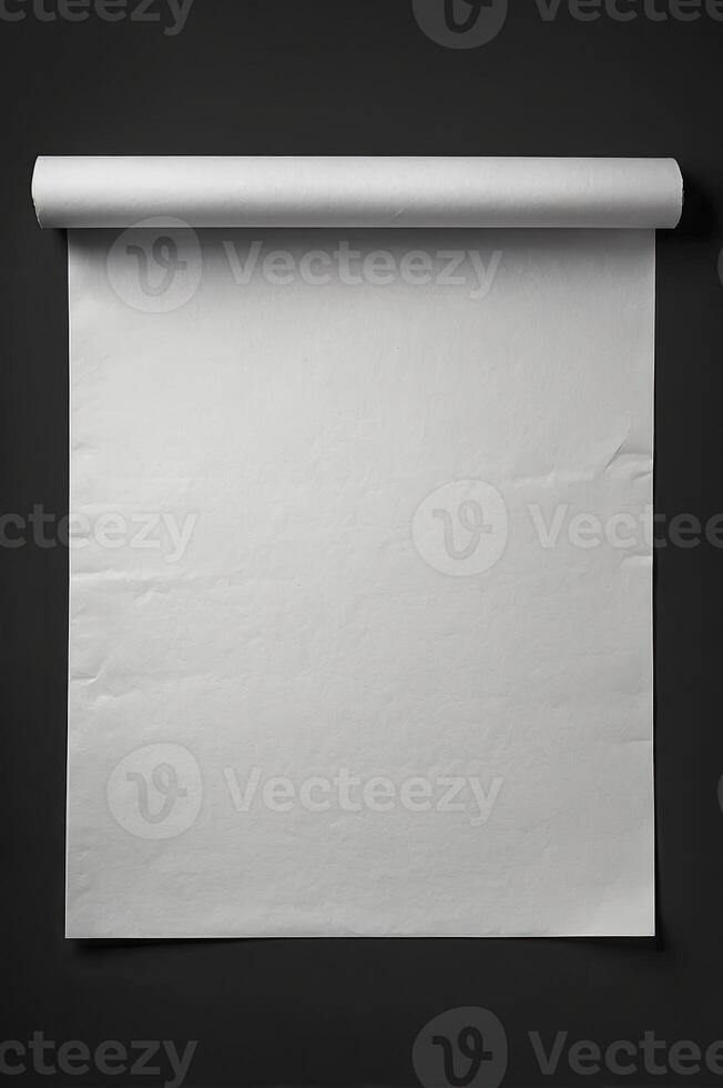 Blank White Paper Roll Hanging on Dark Wall for Presentation Mockup photo