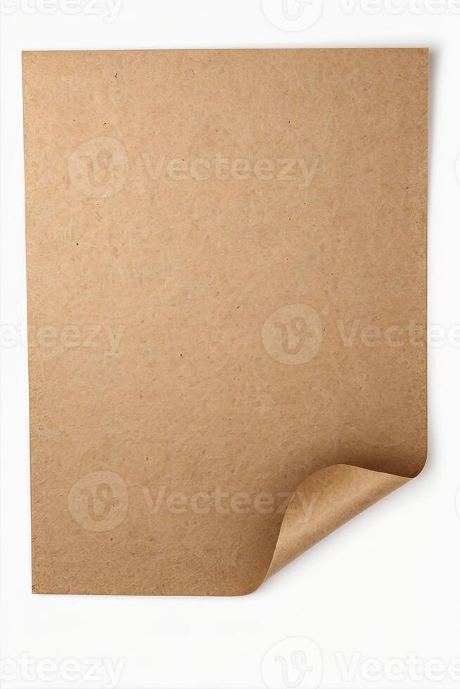 Craft Paper Sheet Curling Up Isolated on White Background Studio Shot photo