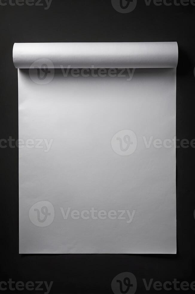 Blank Rolled White Paper Sheet on Black Backdrop for Graphic Design photo