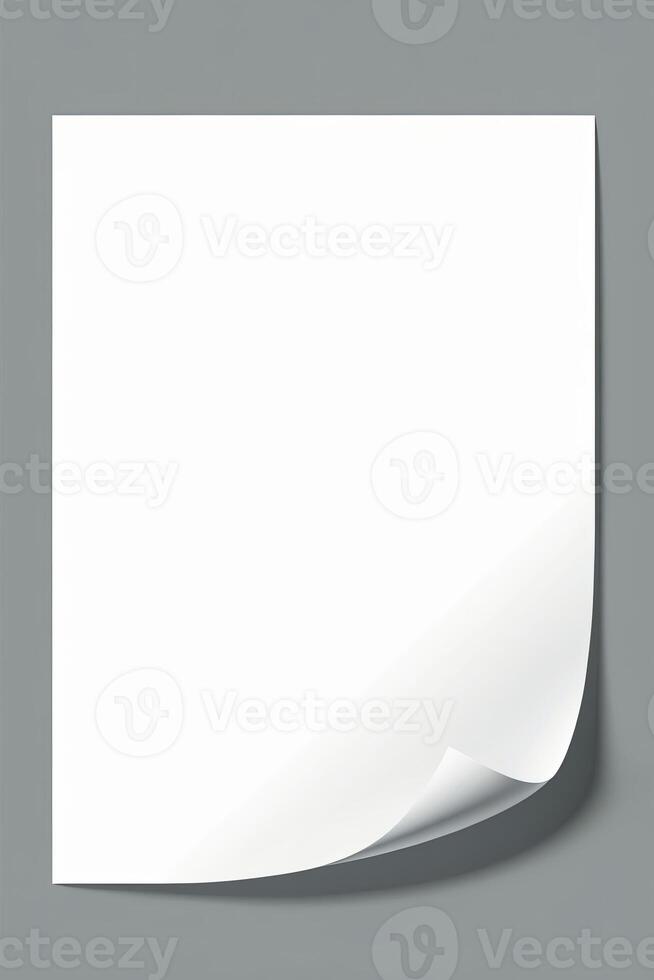 Blank White Paper Sheet with Corner Curl Mockup on Gray Background photo