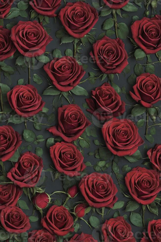 Elegant Red Roses Pattern with Dark Background and Green Leaves photo