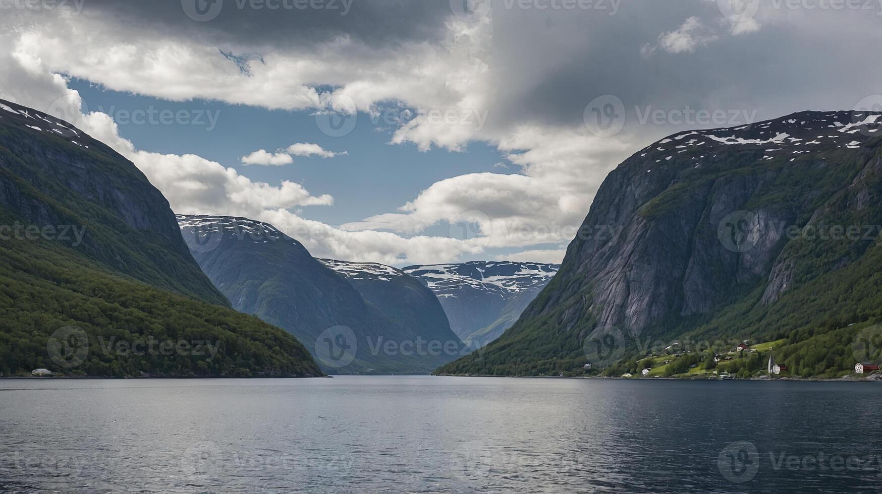 Scenic Fjord Landscape with Mountains and Calm Water Under Cloudy Sky photo