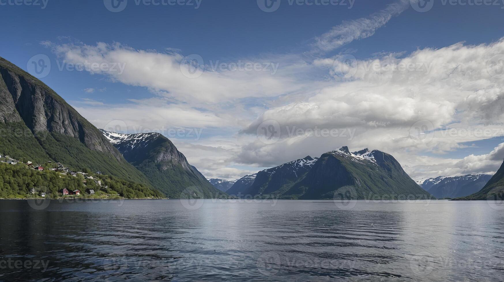 Exploring Norwegian Fjord Landscape with Mountains, Lake, and Cloudy Sky photo