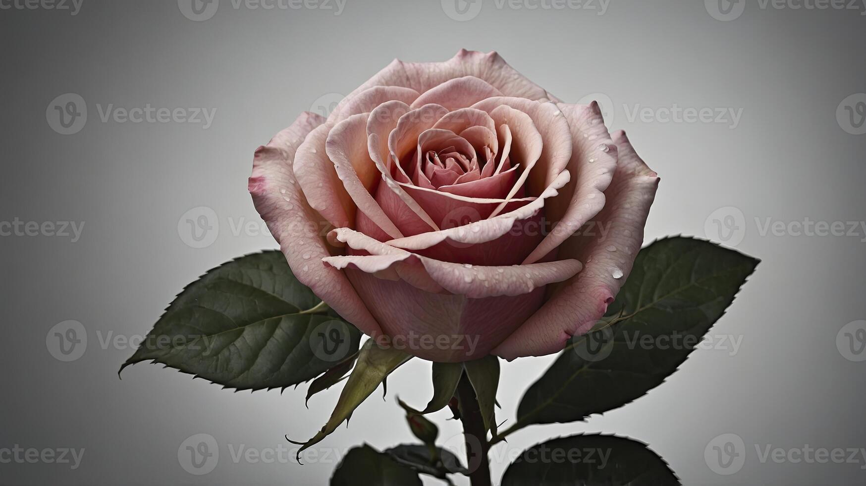 Close-up of Beautiful Rose with Water Droplets Against Soft Gray Background photo