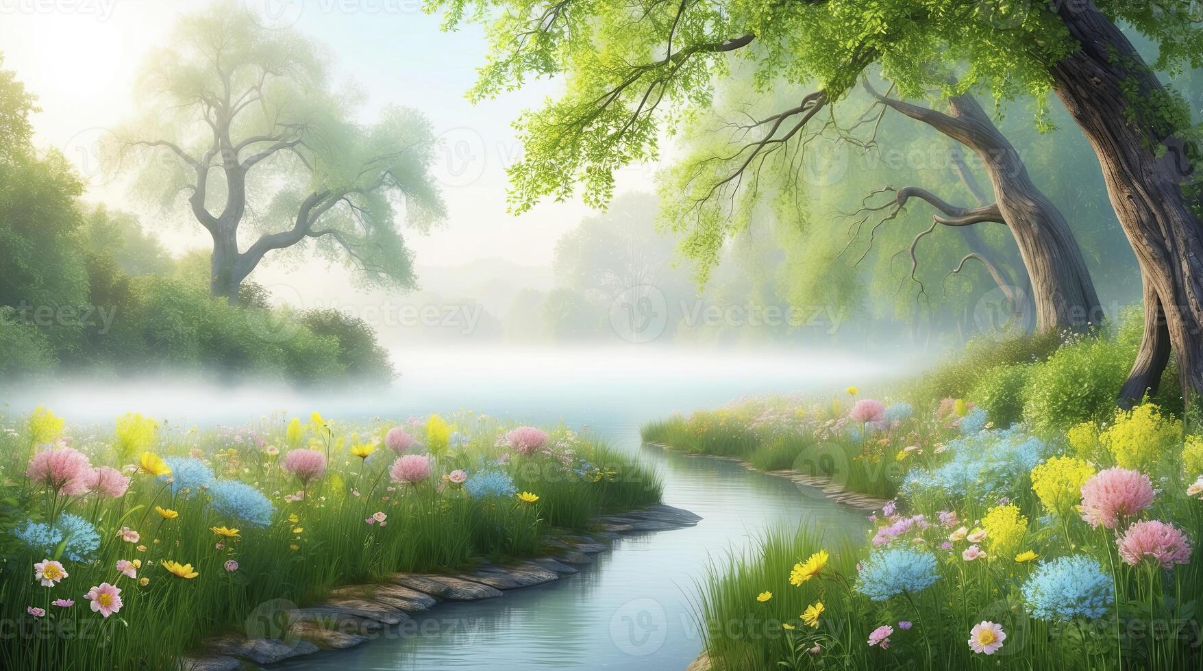 Tranquil River Flowing Through Spring Meadow with Trees and Mist photo