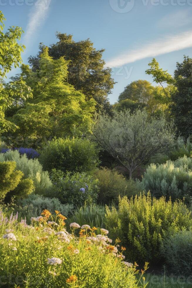 Exploring a Verdant Garden Landscape with Flowers and Lush Greenery photo