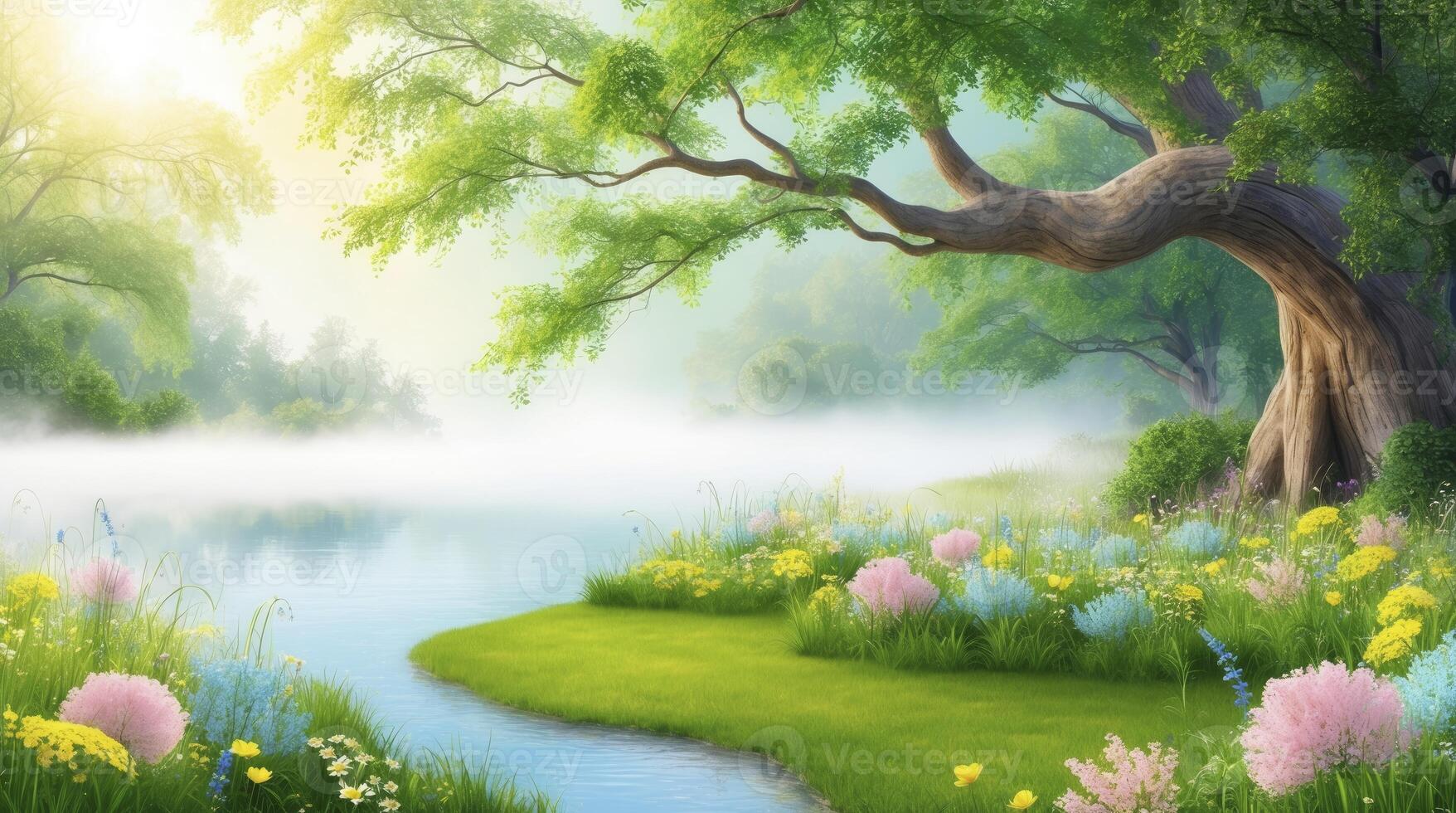 Tranquil Lakeside Scene with Flowers and Mist Nature Scenery photo