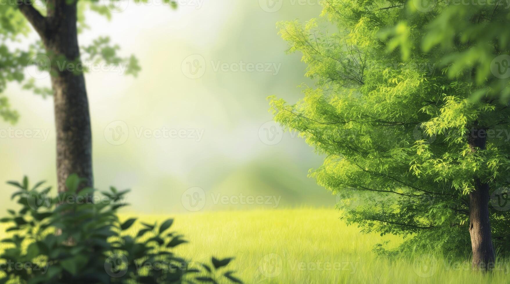 Walking Through Tranquil Green Meadow Landscape with Sunny Soft Spring Light photo