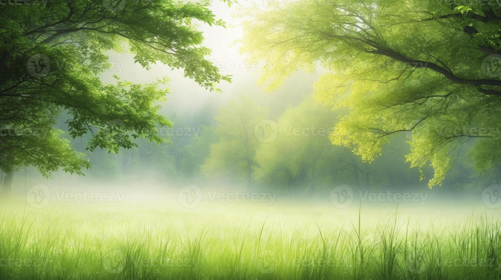 Tranquil Green Meadow Landscape with Fog and Sunlight Through the Trees photo