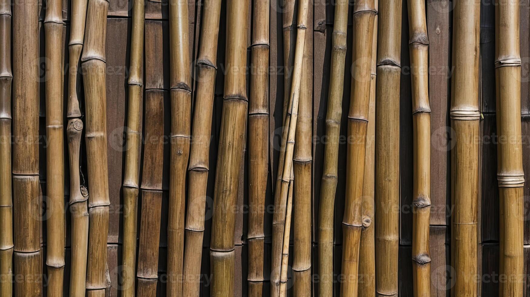 Bamboo Stalks Arranged Vertically Against a Brown Wooden Background Texture photo