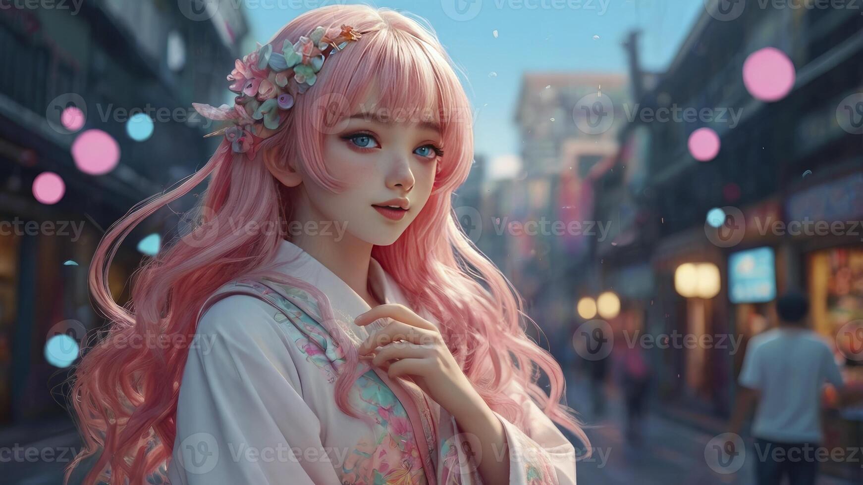 Anime Girl Wearing Kimono with Floral Crown in Urban Street Scene photo