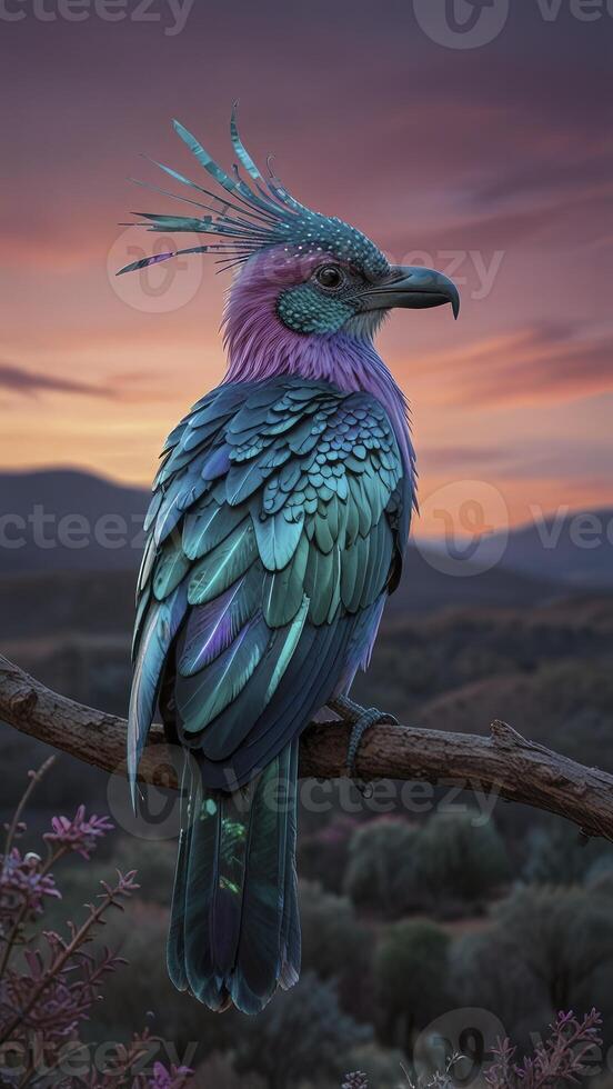 Exotic Bird Perched on Branch at Sunset with Fantasy Plumage photo