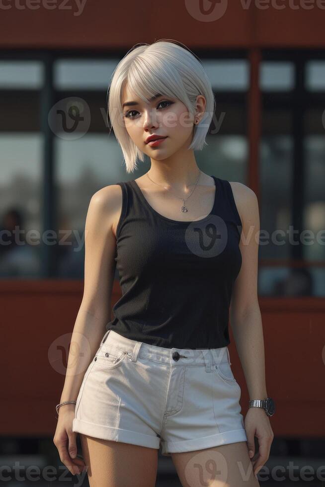 Woman with Platinum Hair Posing Outdoors in Black Tank Top and Shorts photo