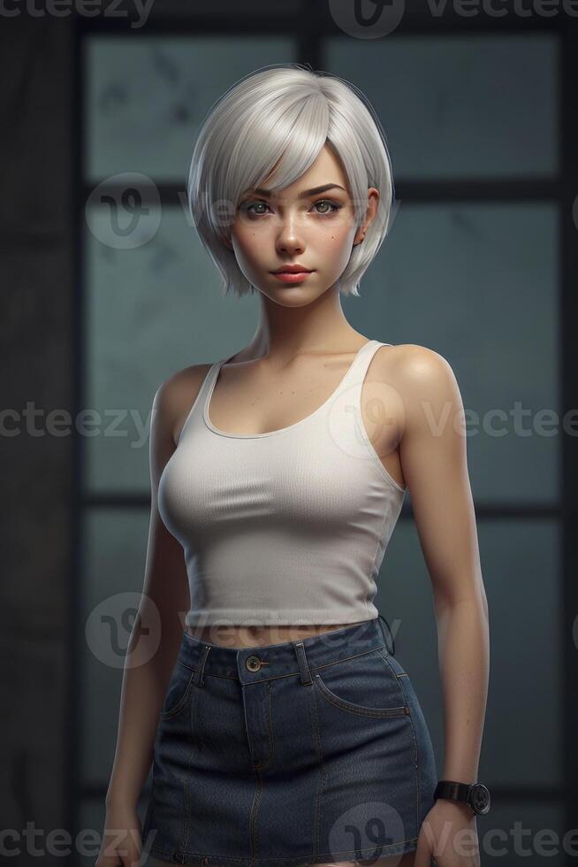 Portrait of a Young Woman in White Tank Top and Denim Skirt photo