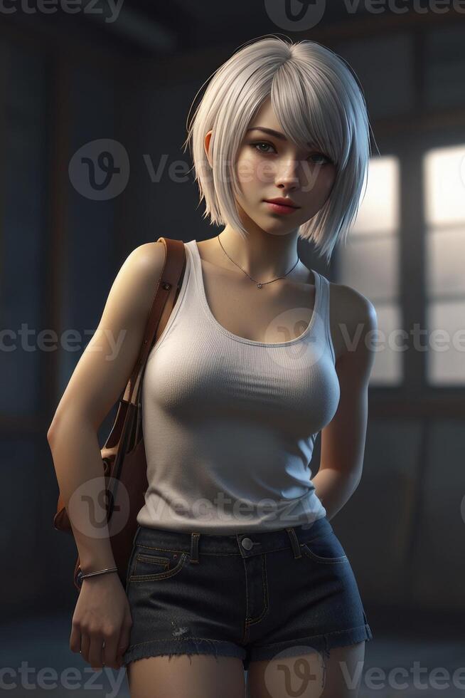 Stylish Woman with Tank Top and Shorts Posing in Casual Setting photo