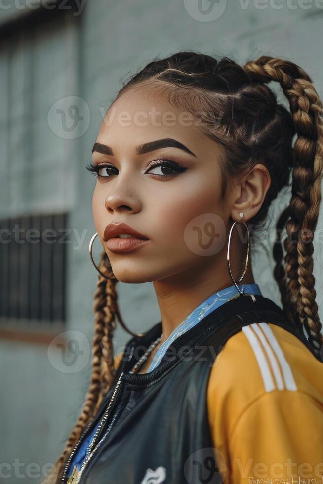 Stylish Young Woman with Braids Wearing Jacket Poses Confidently Outdoors photo