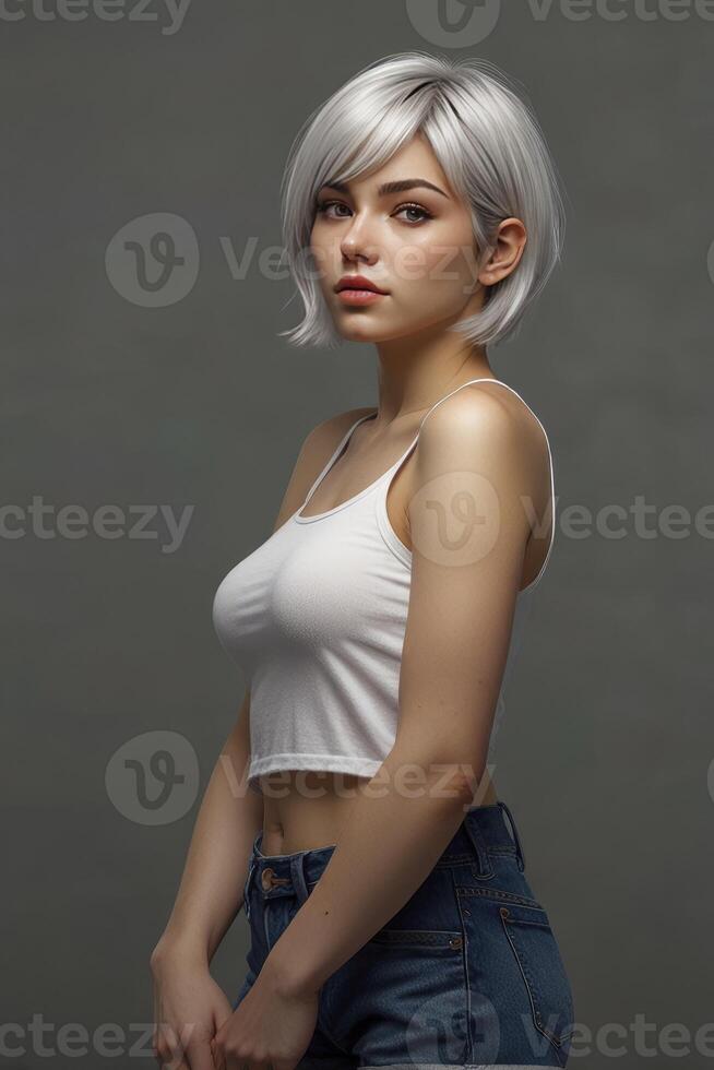 Portrait of a Stylish Woman with Short White Hair and Denim Shorts photo