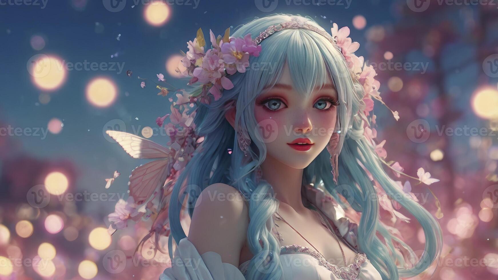 Anime Style Fairy with Blue Hair and Floral Crown Portrait photo
