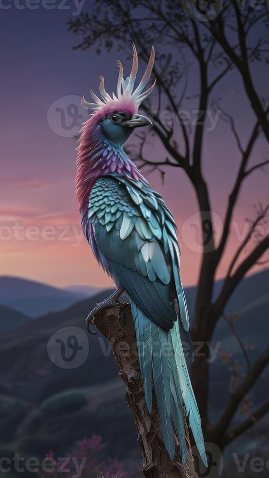 Colorful Bird Perched on Tree Stump at Sunset with Mountain View photo