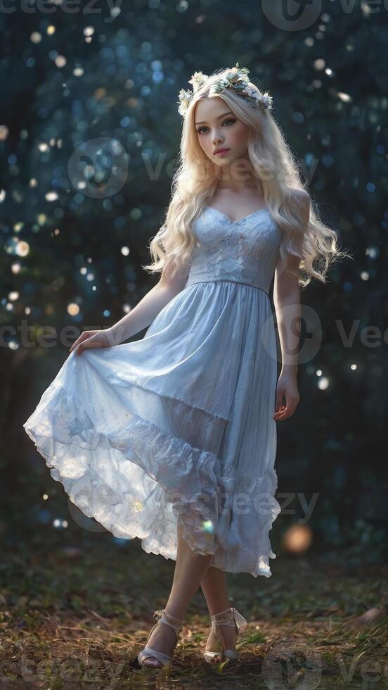 Woman in Ethereal Dress with Floral Crown Standing in Magical Forest photo