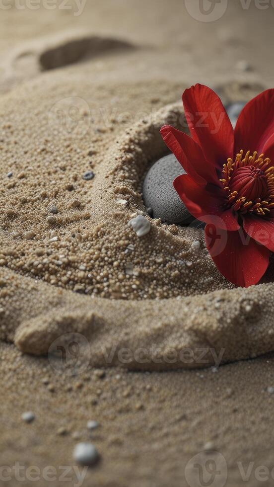 Red Flower and Stone on Sand Beach Setting with Circular Pattern photo