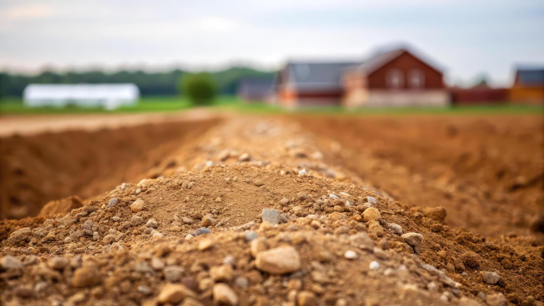 A field with dirt and a barn in the background photo
