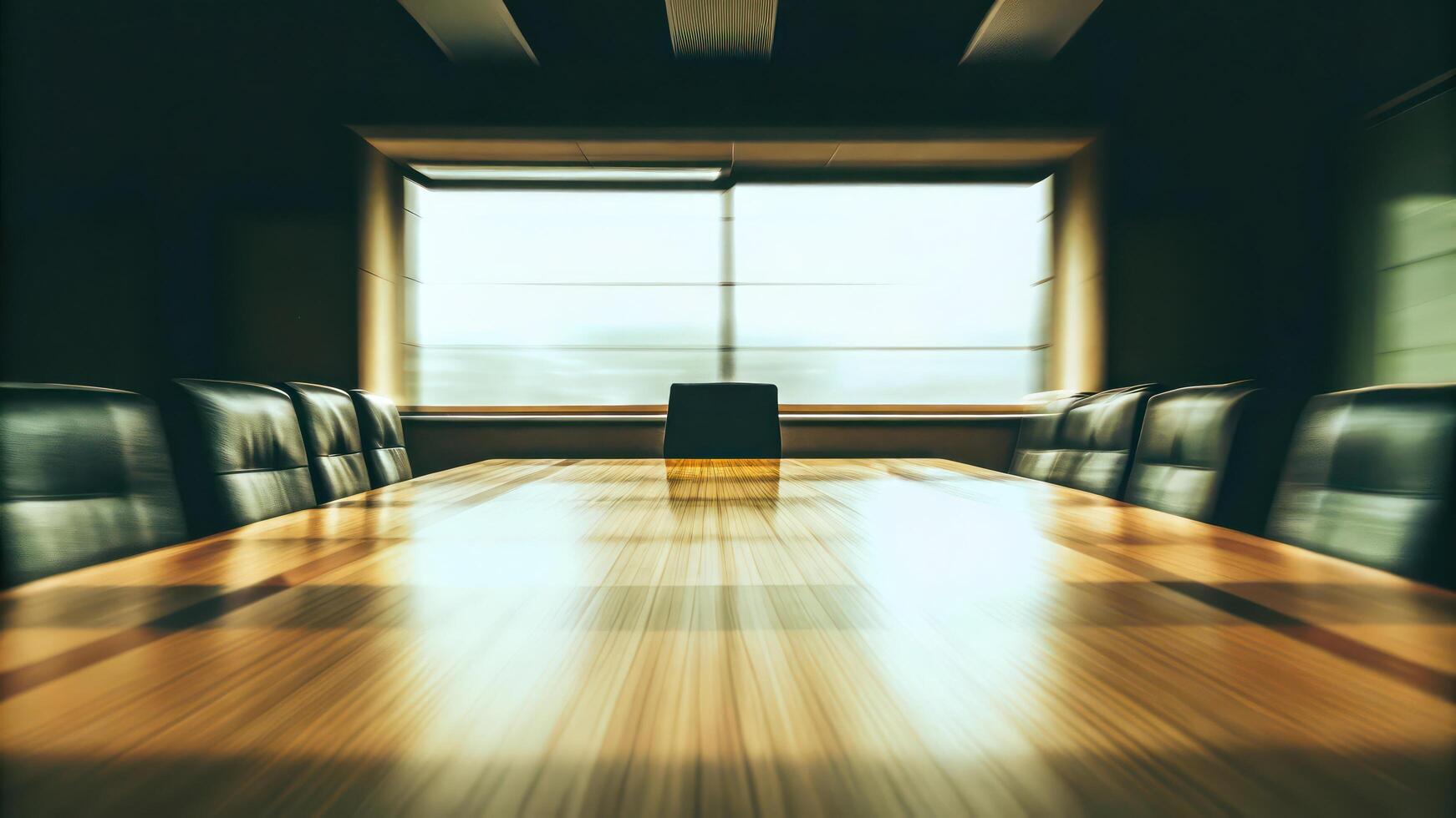 A conference table with chairs and a chair in front of a window photo