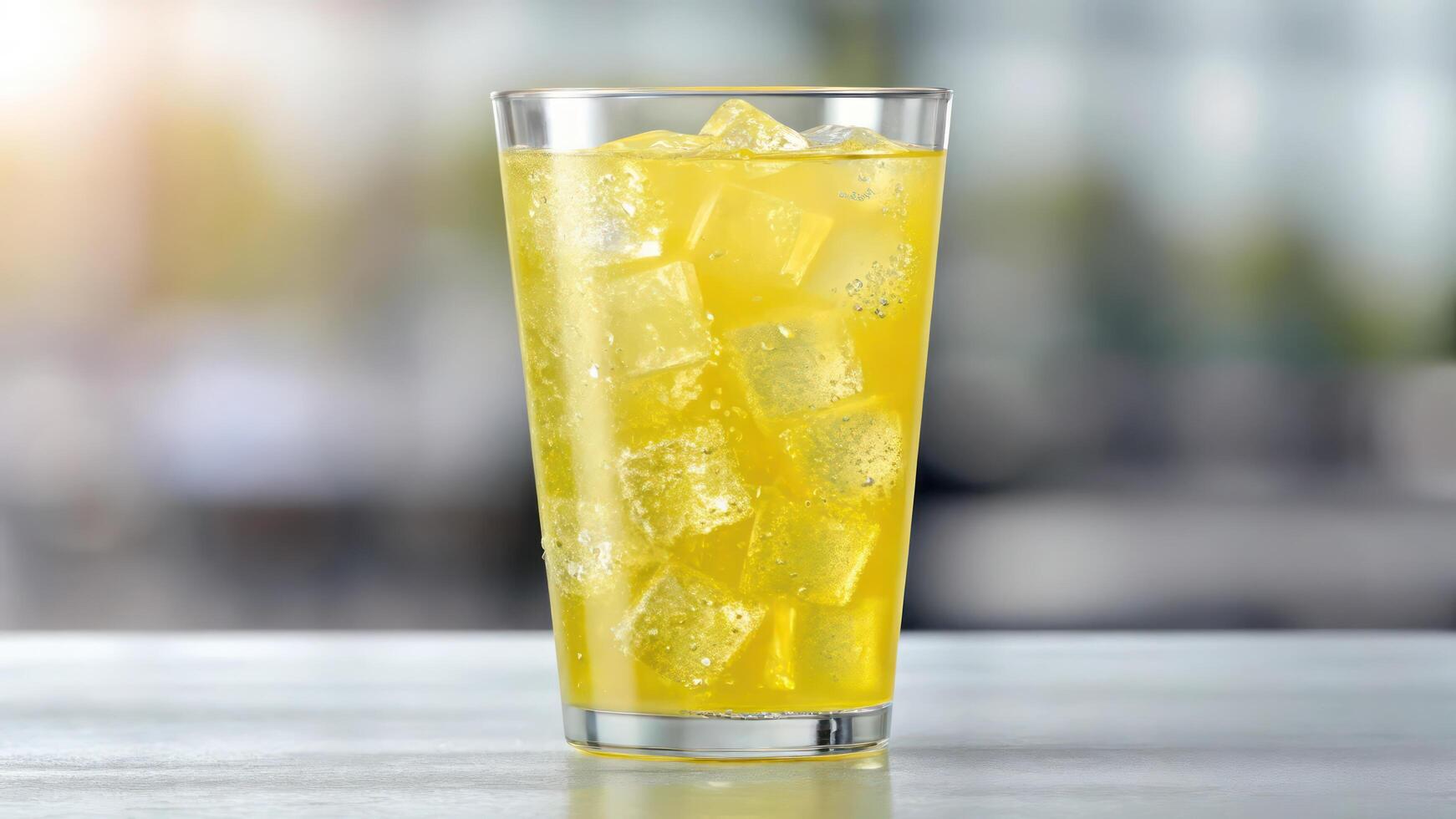 A glass of lemonade with ice cubes on the table photo