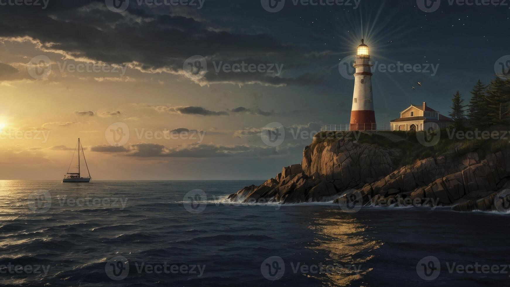 Lighthouse Guiding Sailboat at Dusk Along Rocky Coastline Ocean View photo