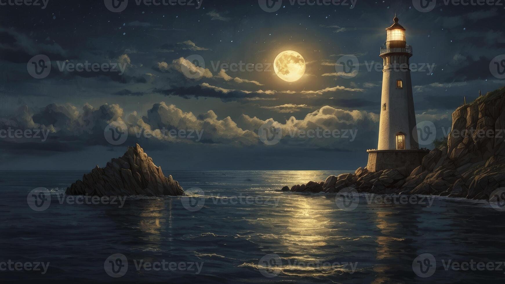 Lighthouse Shining Brightly Under the Moonlight Sky Over Calm Sea photo