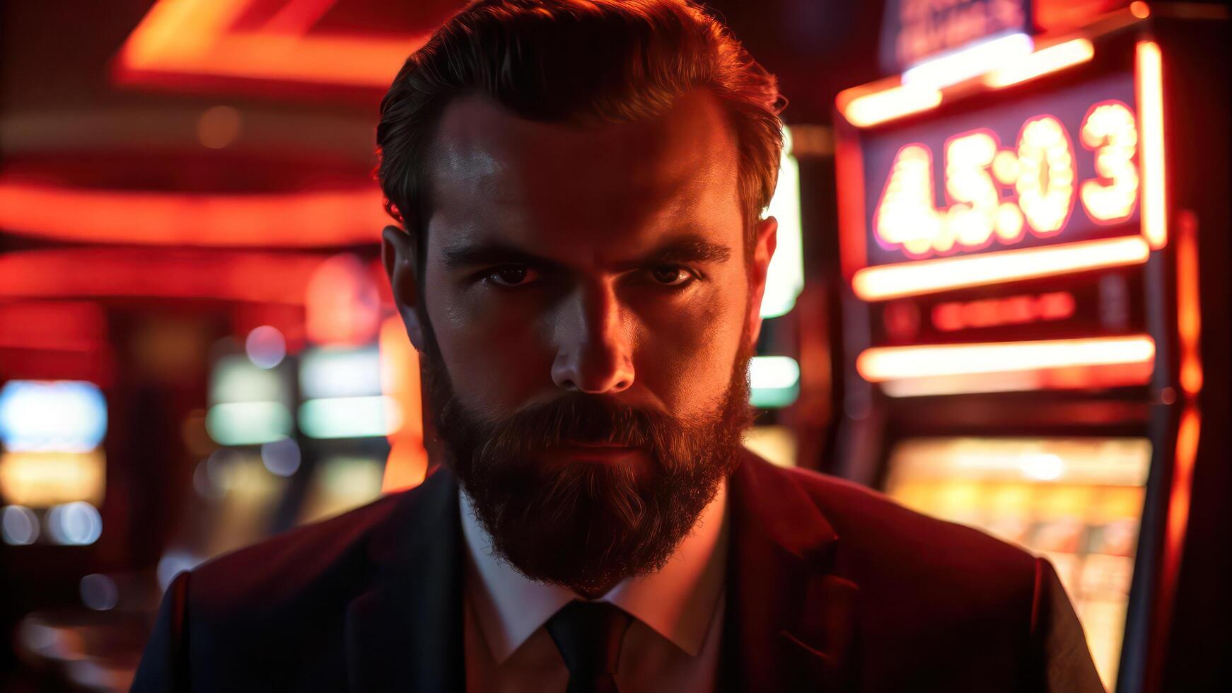 A man with a beard and suit in front of a casino photo
