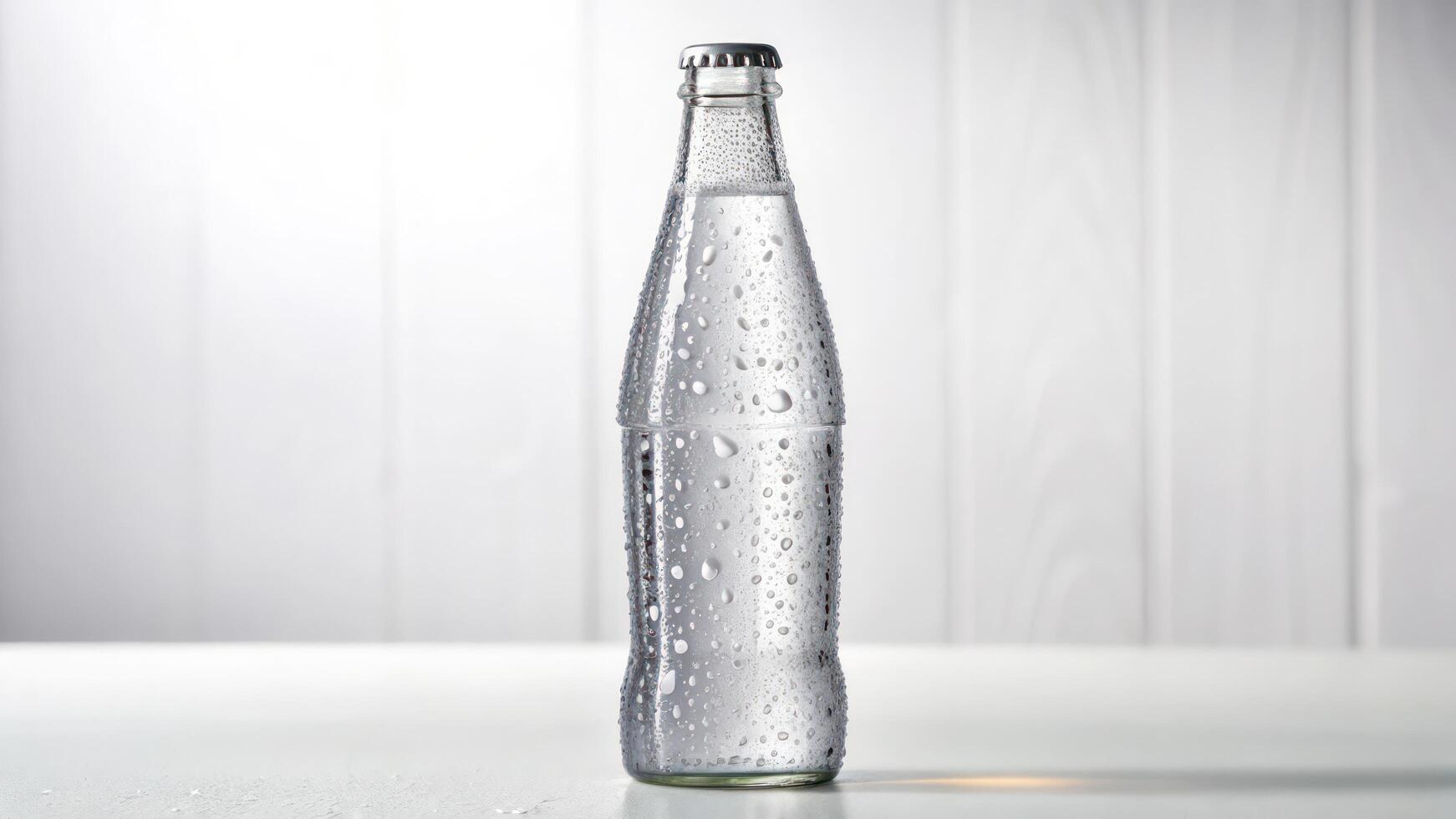 A bottle of soda water sitting on a table photo