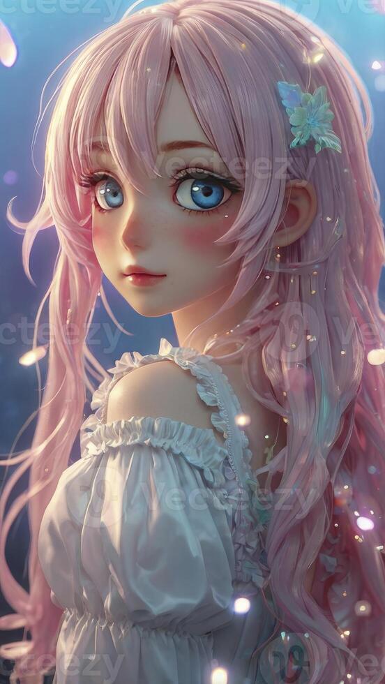 Anime Girl Portrait with Pink Hair and Big Blue Eyes photo