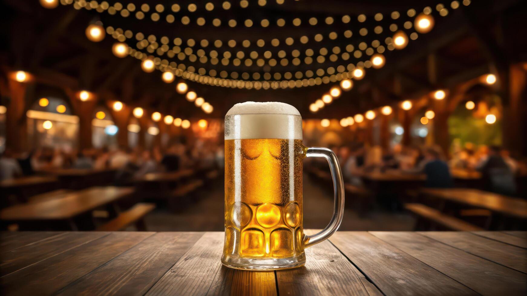 A beer mug on a wooden table in front of a crowd photo