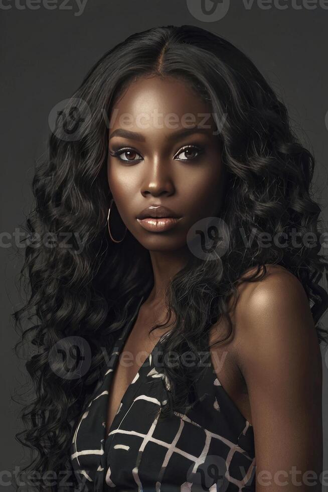 Portrait of Black Woman with Wavy Hair and Elegant Style photo