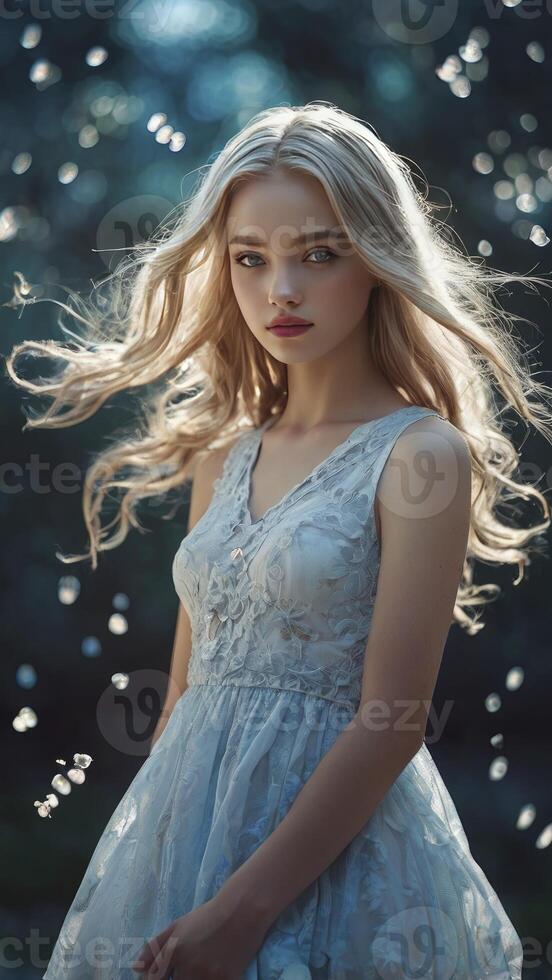 Blonde Woman in Dress Standing Amidst Dreamy Light Bokeh Background photo