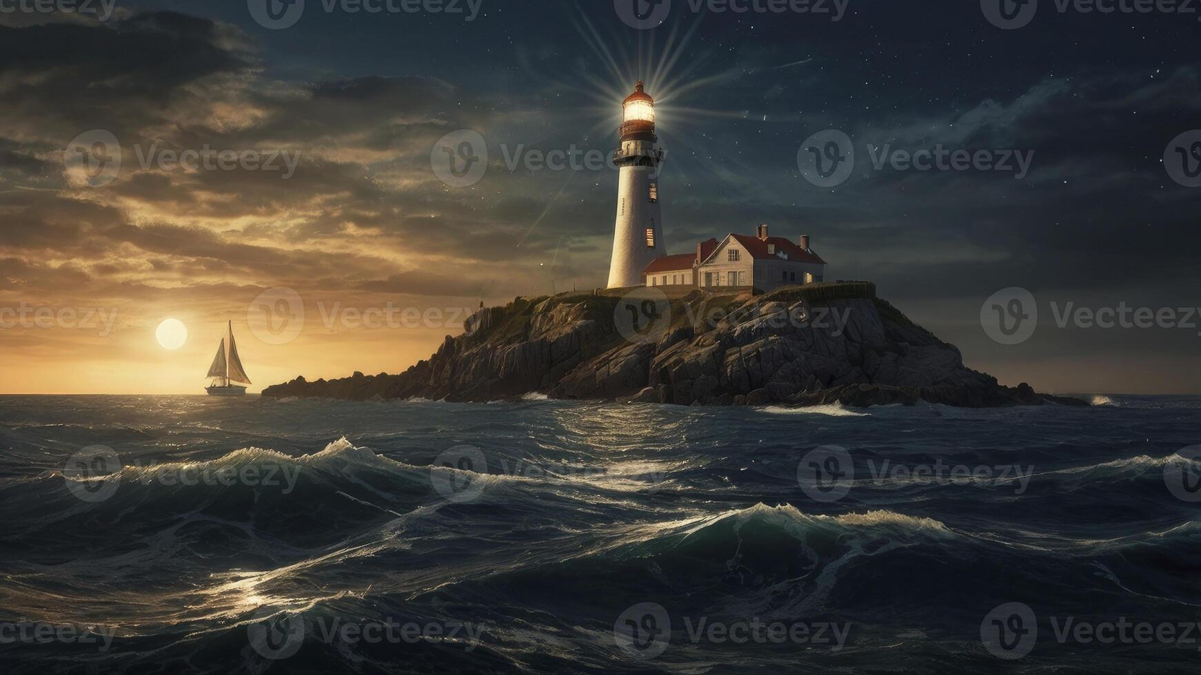 Coastal Lighthouse Shining Light Across Ocean with Sailboat at Sunset photo