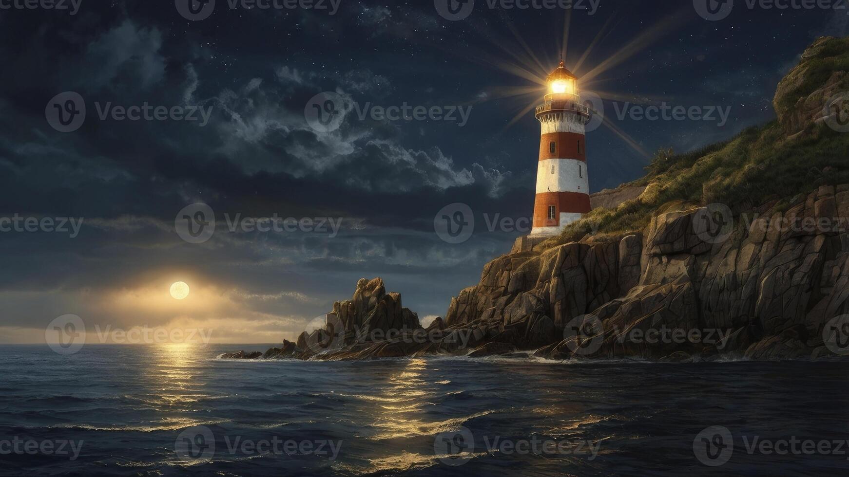 Lighthouse Shining at Night on Rocky Coast with Dramatic Dark Sky photo