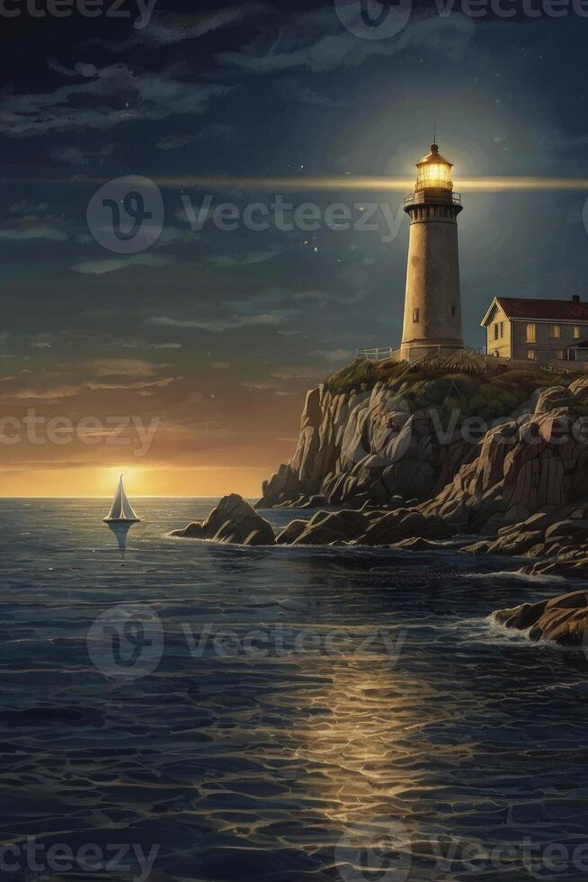 Lighthouse Shining Over Ocean Cliff at Sunset with Sailboat Illustration photo